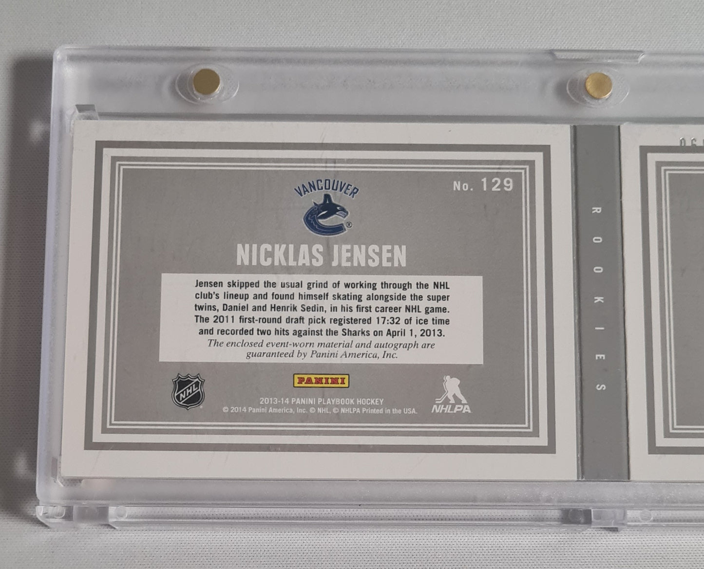 Nicklas Jensen - 2013/14 Panini Playbook Hockey NHL Vancouver Canucks (dual RC Class) /Patch /199 Booklet Autograph