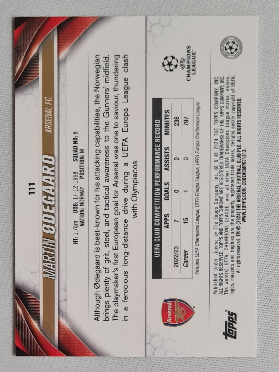 Martin Odegaard - 2024 Topps Chrome UEFA CL FC Arsenal #111 /250 Pink Geomatric