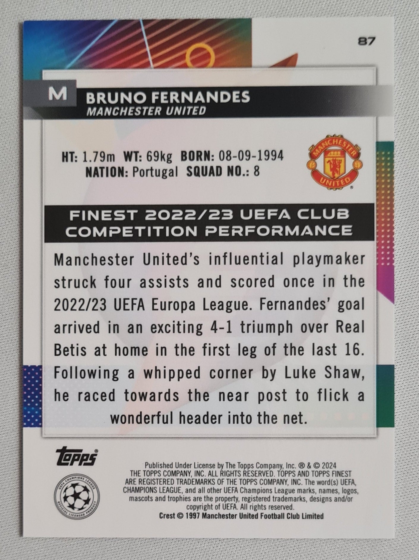 Bruno Fernandes - 2024 Topps Finest EPL Manchester United CL #87 /135