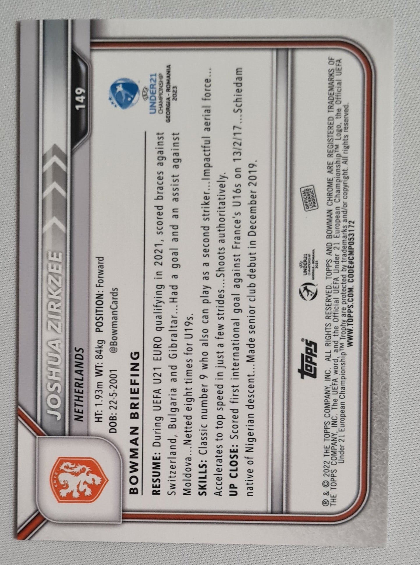 Joshua Zirkzee - 2022 Topps Chrome Bowman National Team Netherlands #149 black & White Raywave