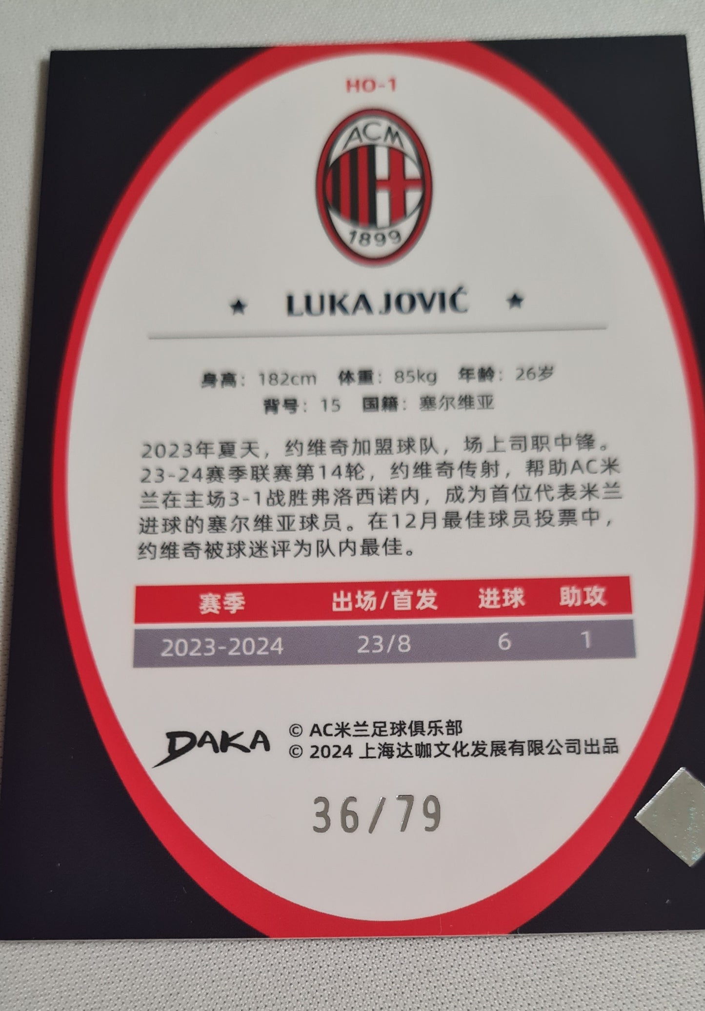 Luka Jovic - 2024 Daka "AC Milan Team Box" #HO-1 /79 Purple Prizm Refractor