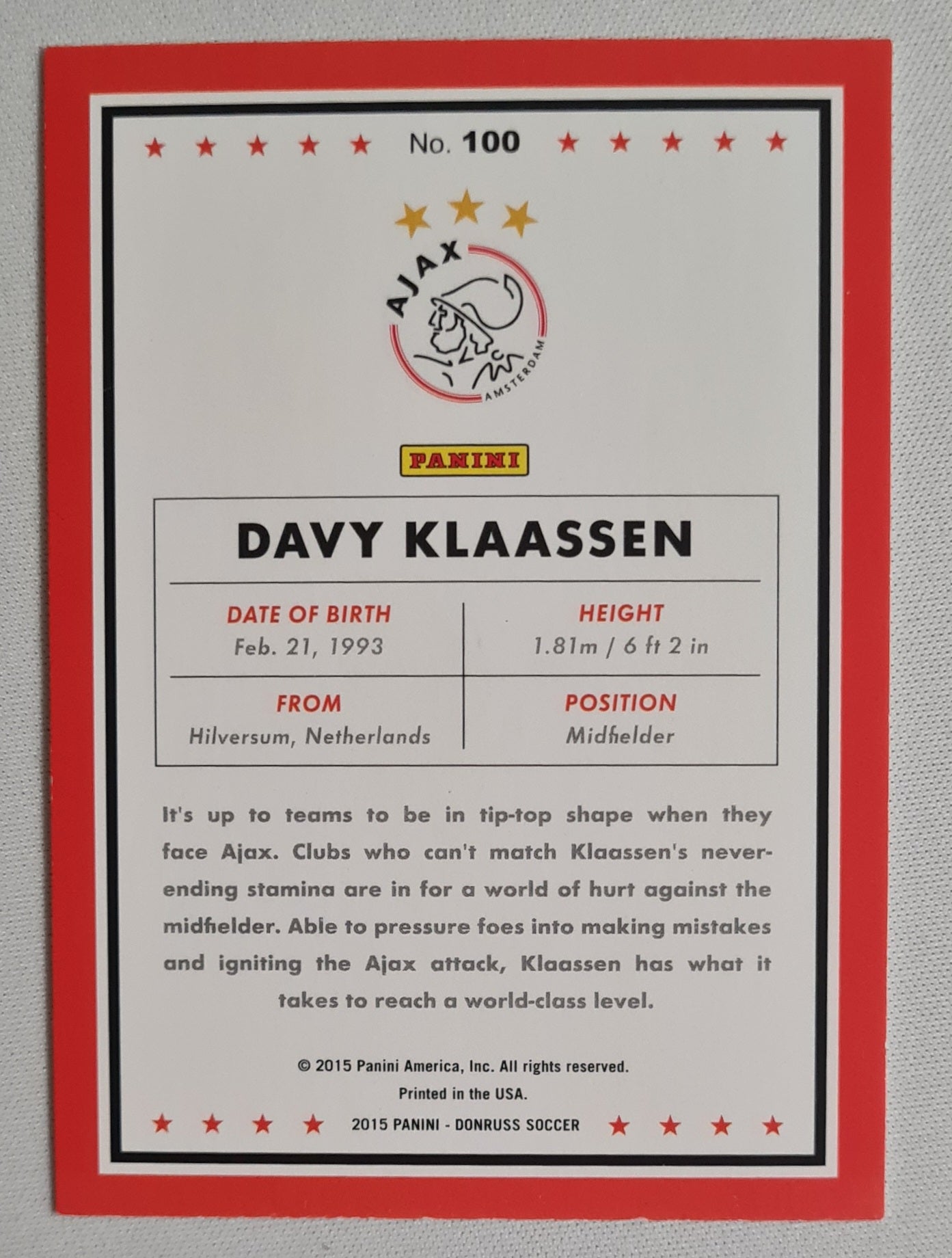 Davy Klaassen - 2015 Panini Donruss AFC Ajax #100