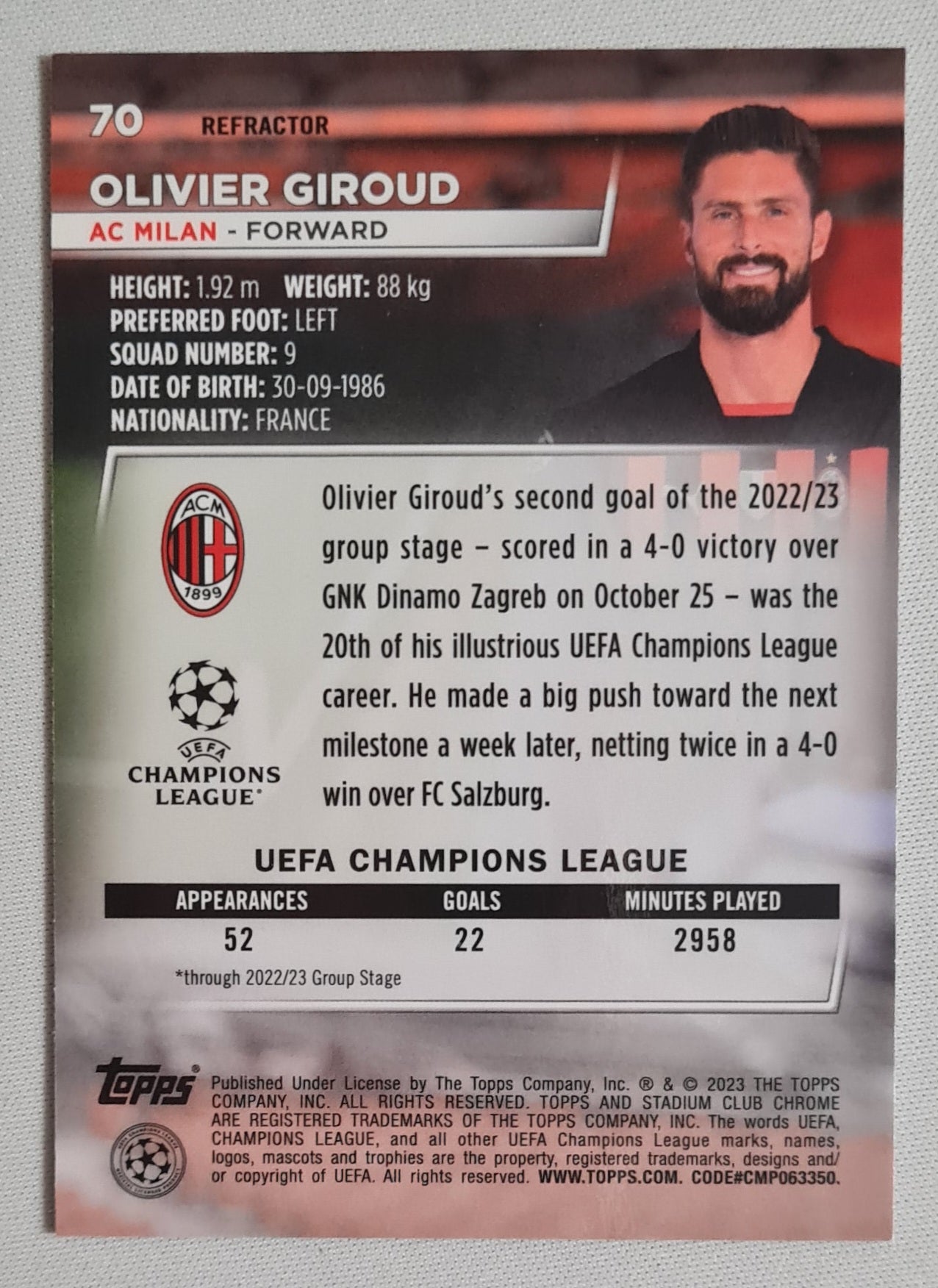 Olivier Giroud - 2023 Topps Chrome Stadium Club AC Milan #70