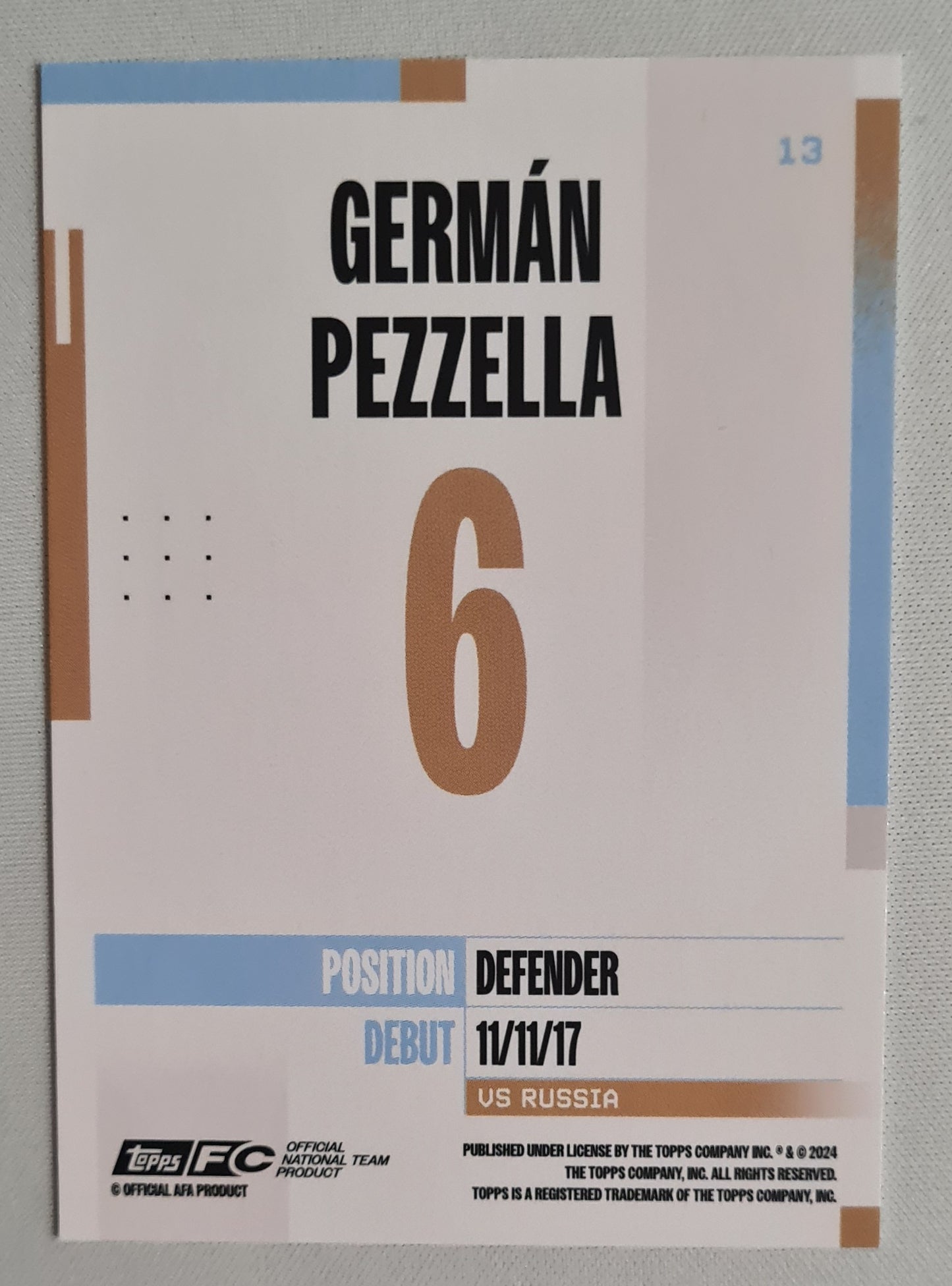 German Pezzella - 2024 Topps Official National Team Product AFA Argentina #13