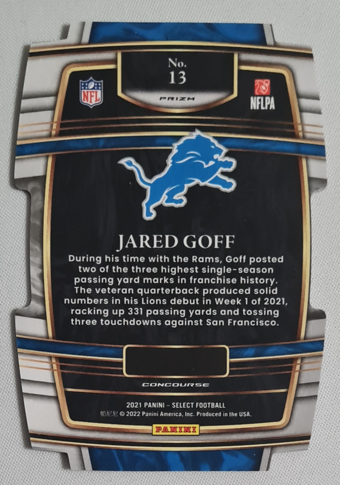 Jared Goff - 2021 Panini Select Football NFL Lions #13 Tri Color Die-Cut