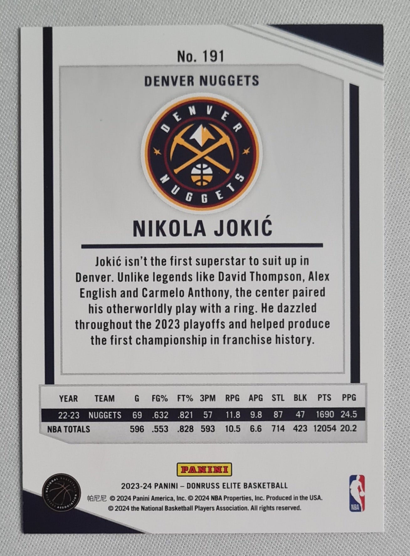 Nikola Jokic - 2023/24 Panini Donruss Elite Basketball NBA Denver Nuggets #191 Orange Refractor
