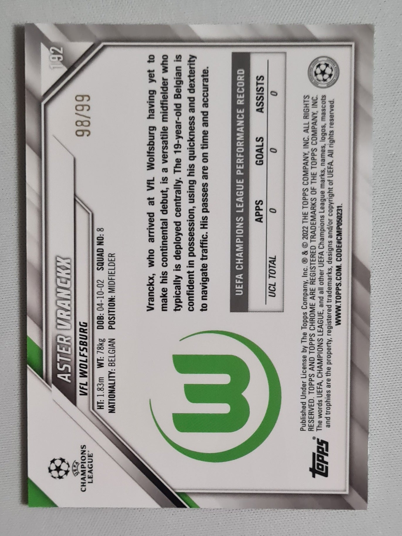 Aster Vranckx - 2022 Topps Chrome Champions League (RC) VFL Wolfsburg #192 /99 Green