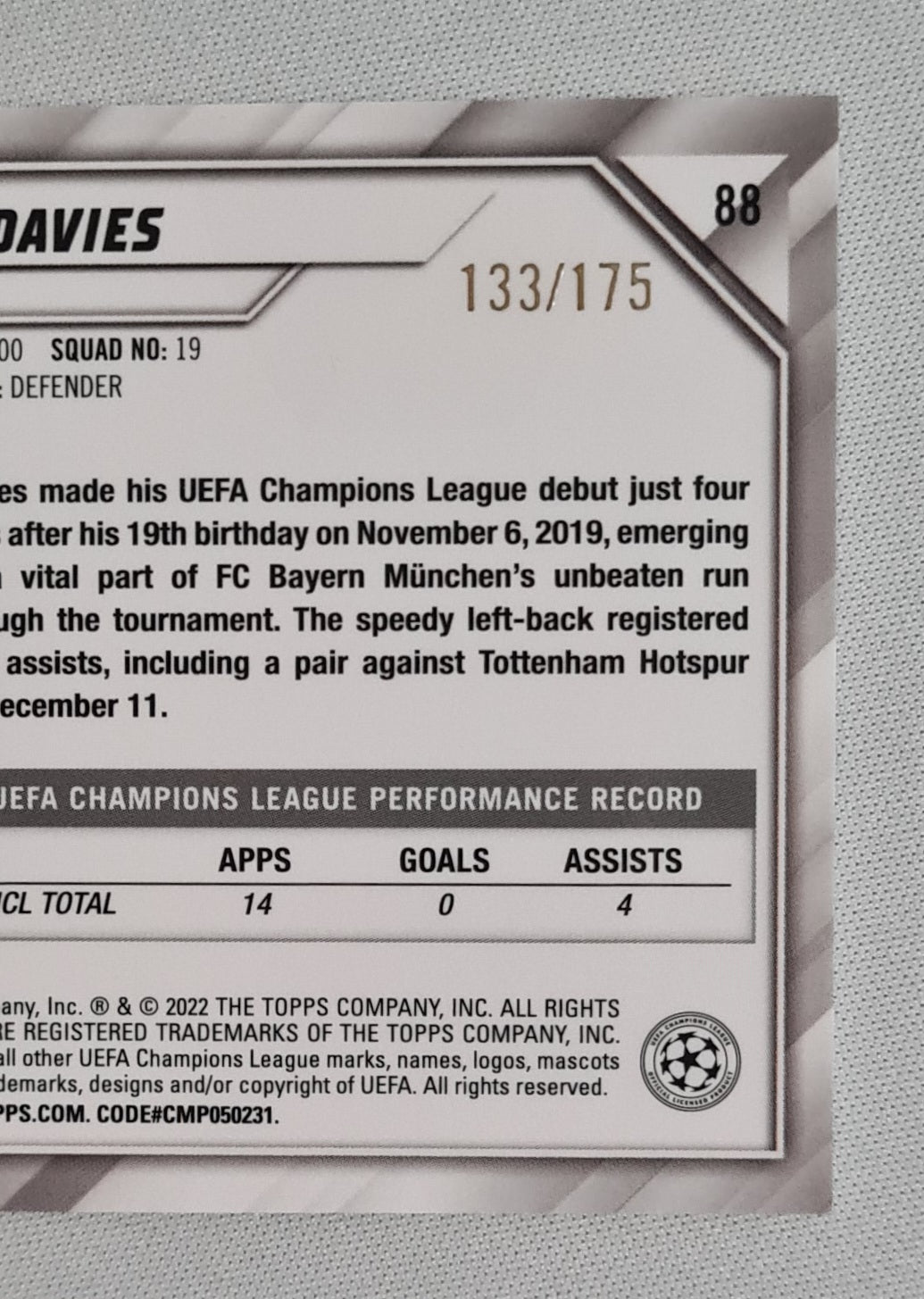 Alphonso Davies - 2022 Topps Chrome Champions League FC Bayern Munchen #88 /175 Pink