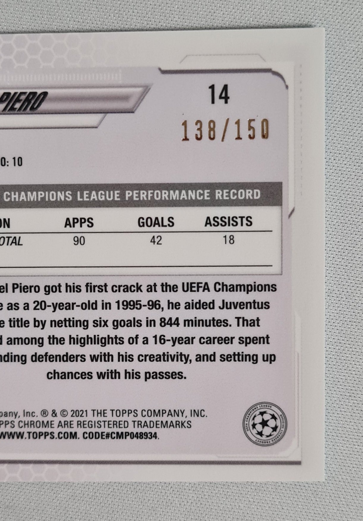 Alessandro del Piero - 2021 Topps Chrome Champions League Juventus #14 /150 Tiel