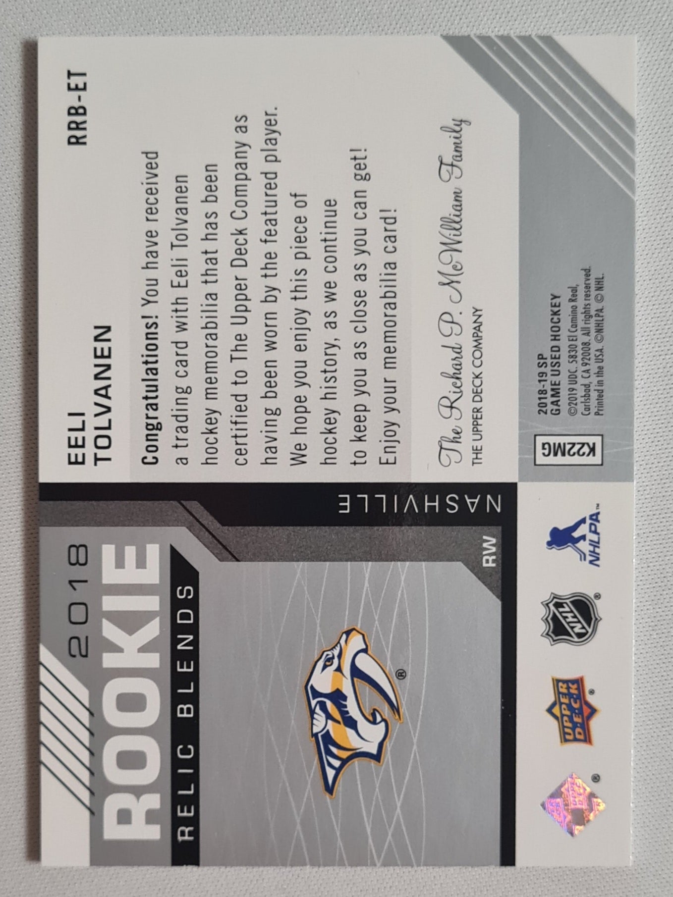Eeli Tolvanen - 2018 Upper Deck -Game used Ice Hockey NHL Nashville (RC) #RRB-ET /Patch /125