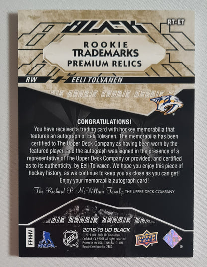 Eeli Tolvanen - 2018 Upper Deck Black - Ice Hockey NHL Nashville (RC) #RT-ET /Patch / Auto /40