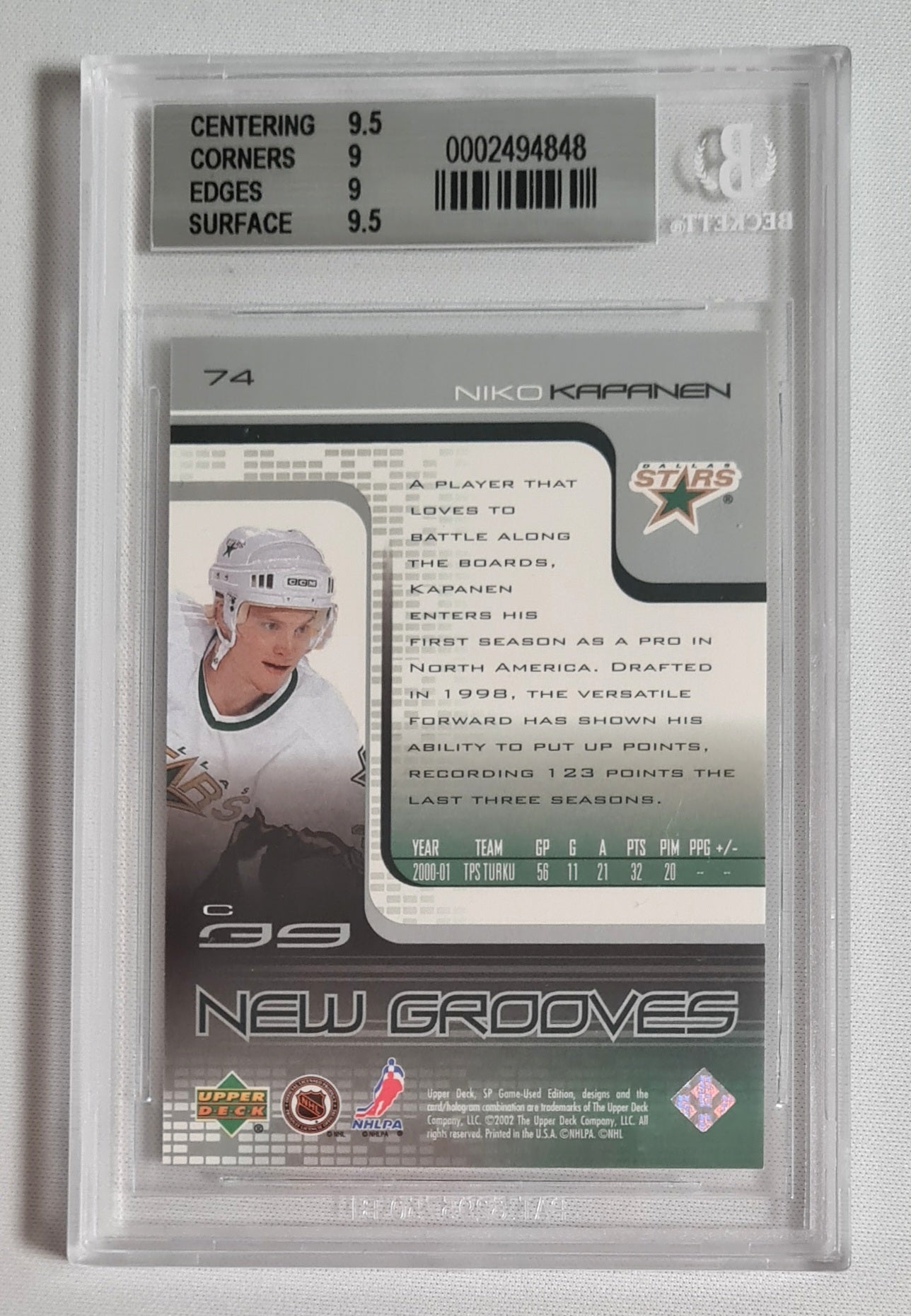 Niko Kapanen - 2001/02 Upper Deck NHL Dallas Stars New Grooves #74 /499 Beckett 9 Mint SP