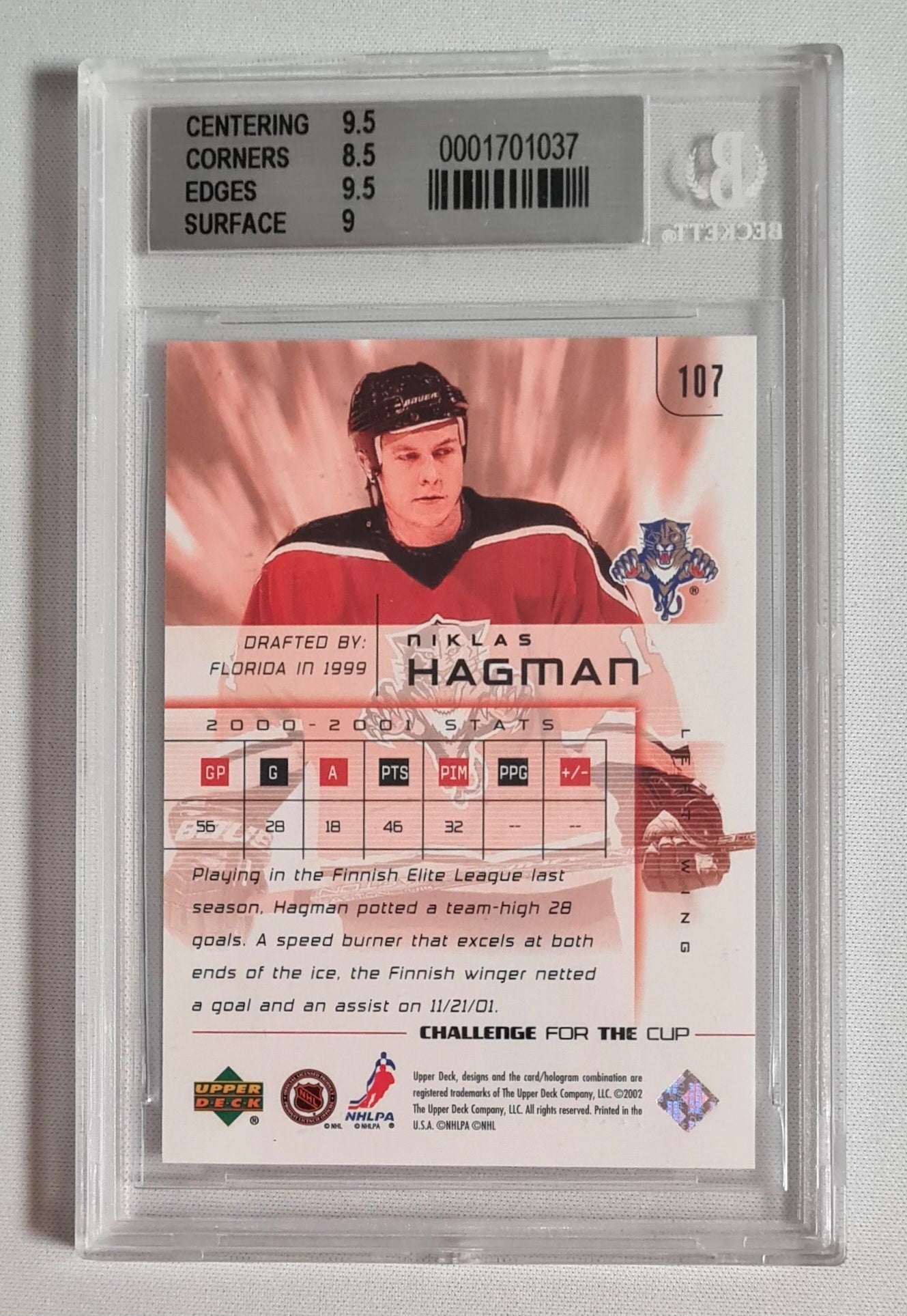 Niklas Hagman - 2001/02 Upper Deck NHL Florida Panters - Challenge for the Cup #107 /1000 - Beckett 9 Mint
