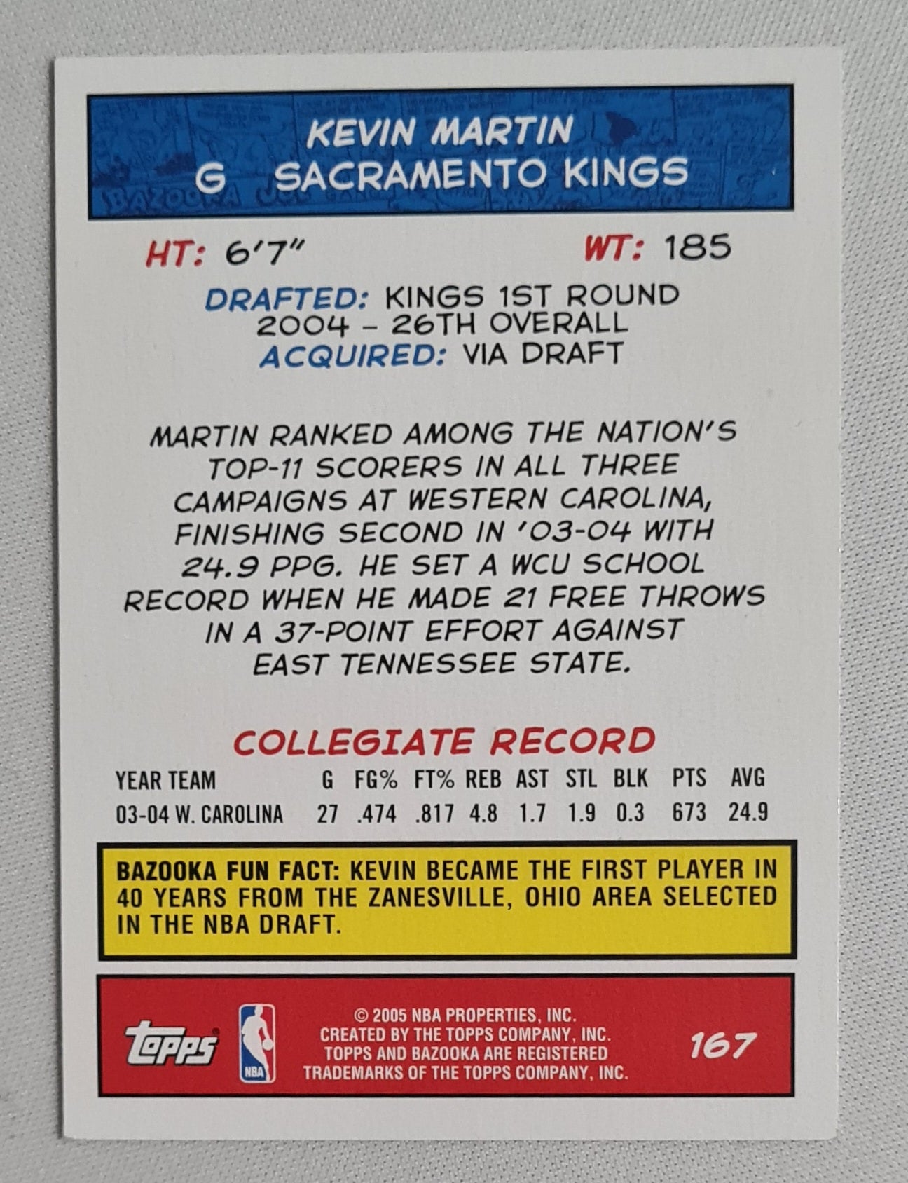 Kevin Martin - 2005 Topps NBA Properties, INC NBA Sacramento Kings #167 Rookie Card Bazooka