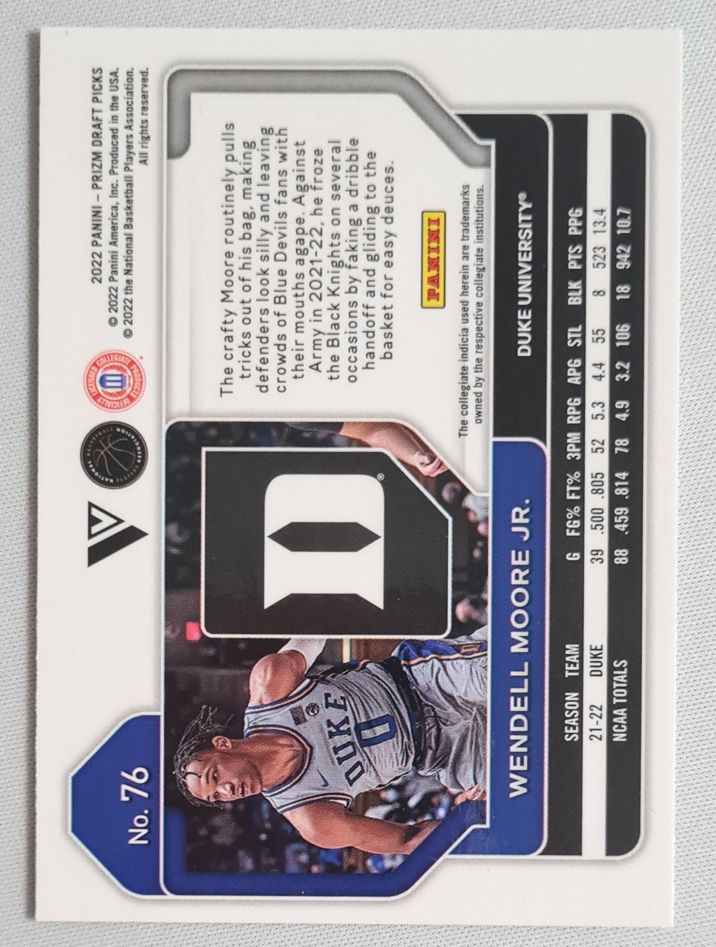 Wendell Moore Jr. - 2022 Panini Prizm Draft Picks - Duke University #76