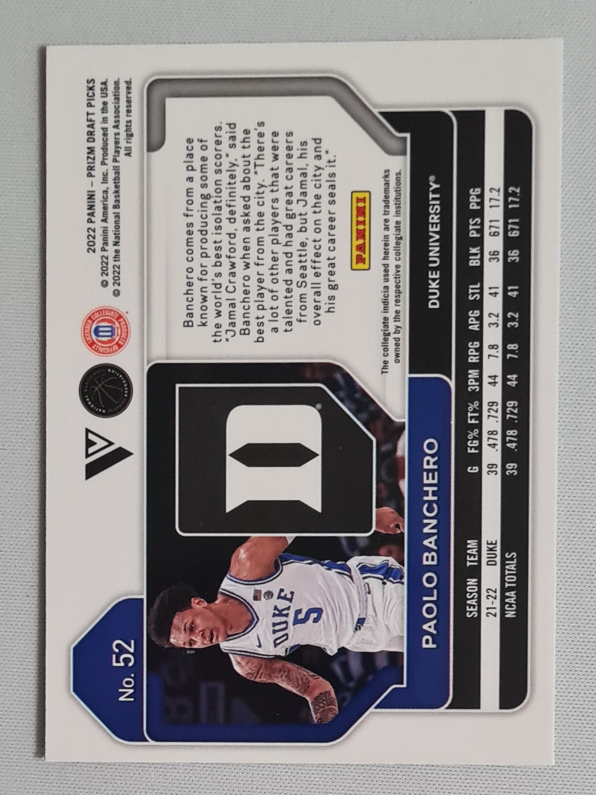 Paolo Banchero - 2022 Panini Prizm Draft Picks Duke University #52