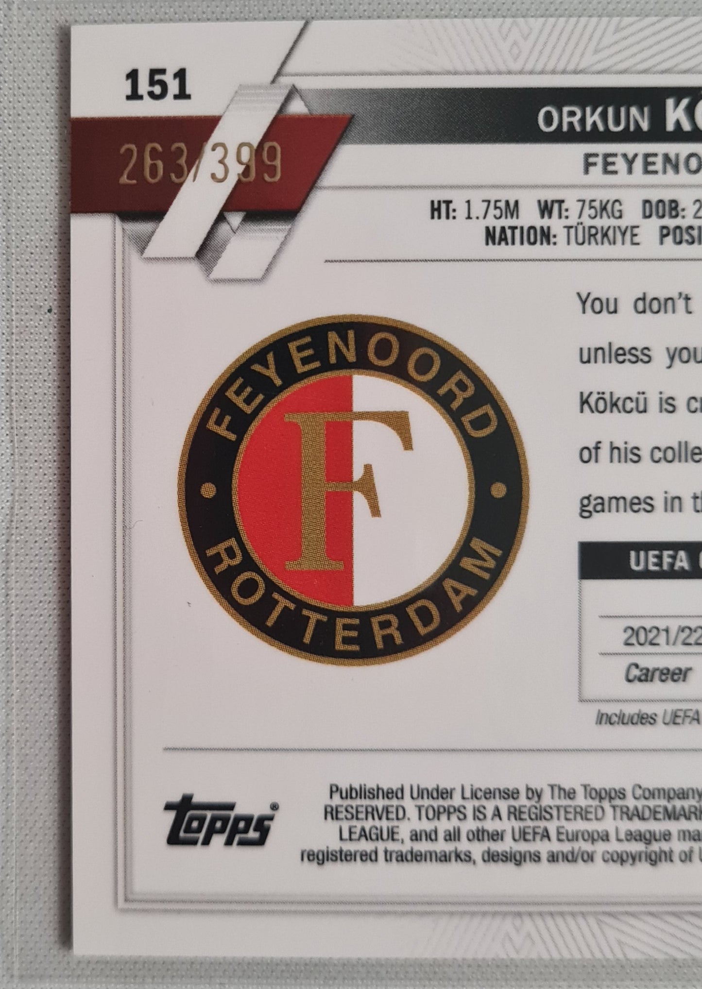 Soccer Orkun Kokcu Feyenoord Rotterdam (Lot 3 Cards) - 2023 Topps Numbered Cards!