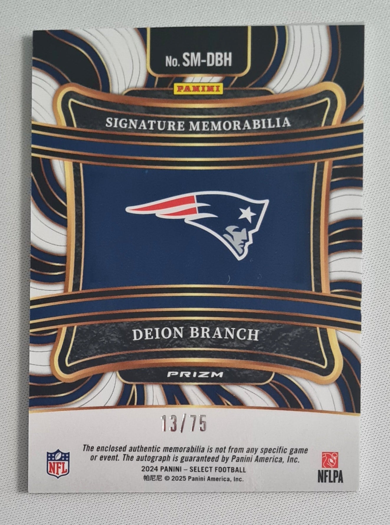 Deion Branch - 2024 Panini Select Football NFL Patriots - Siganture Memorabilia #SM-DBH /Patch / Auto /75