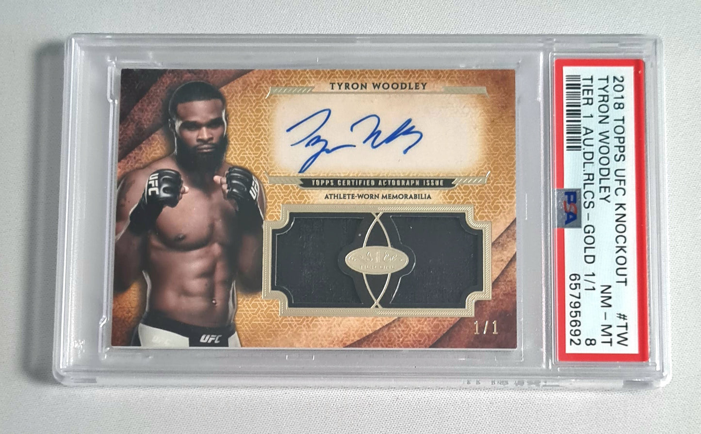 Tyron Woodley - 2018 Topps UFC Fighter - Knockout - Tier 1 AU.DL.RLCS Gold /Patch/ Auto #TW PSA 8 NM-MT 1/1