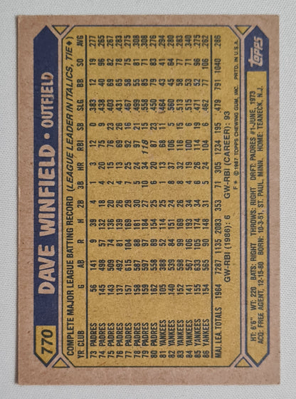 Dave Winfield - 1987 Topps "Chewing Gum" Card Baseball New York Yankees #770