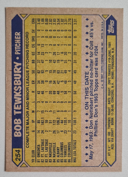 Bob Tewksbury - 1987 Topps "Chewing Gum" Card Baseball New York Yankees #254