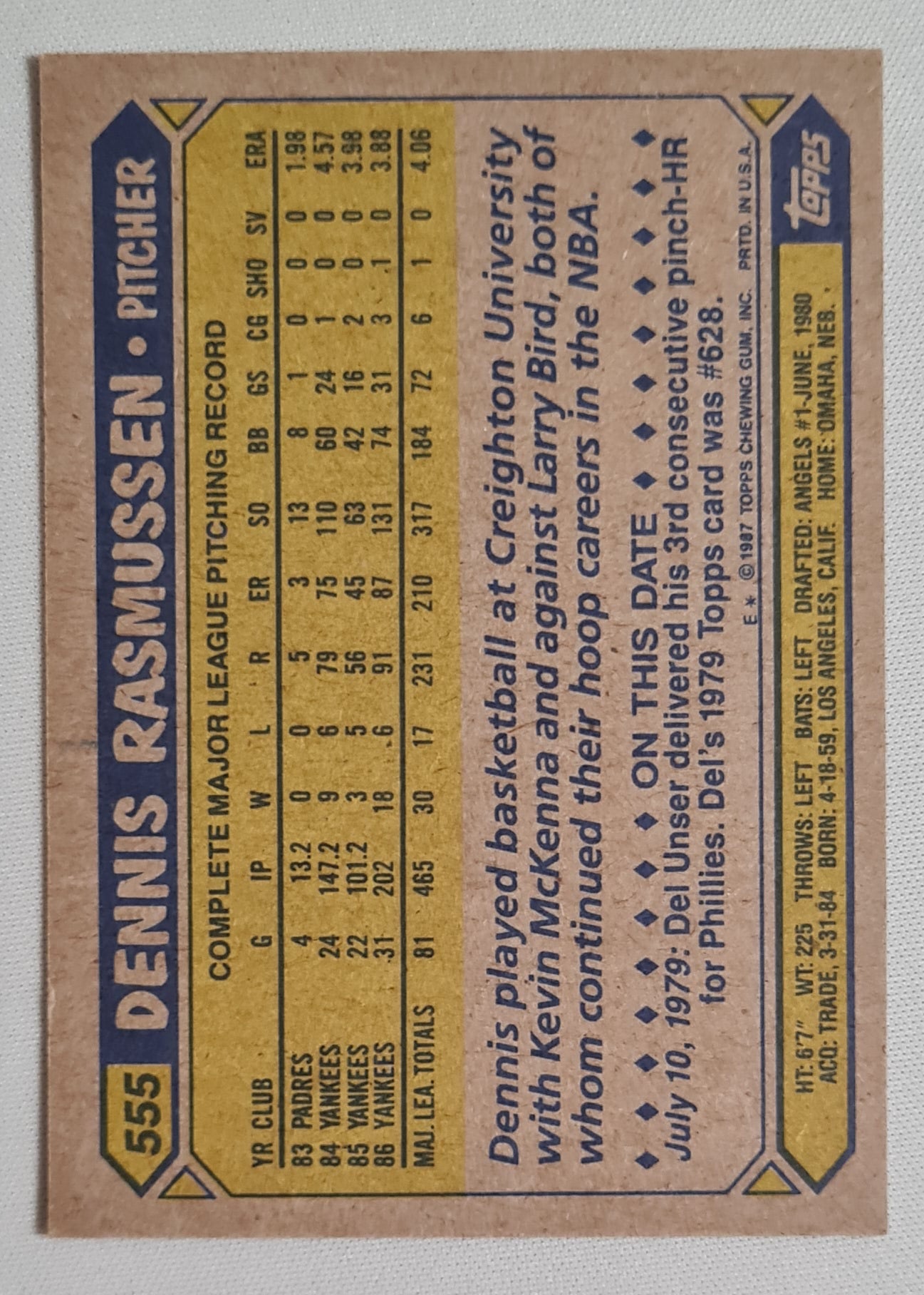 Dennis Rasmussen - 1987 Topps "Chewing Gum" Card Baseball New York Yankees #555