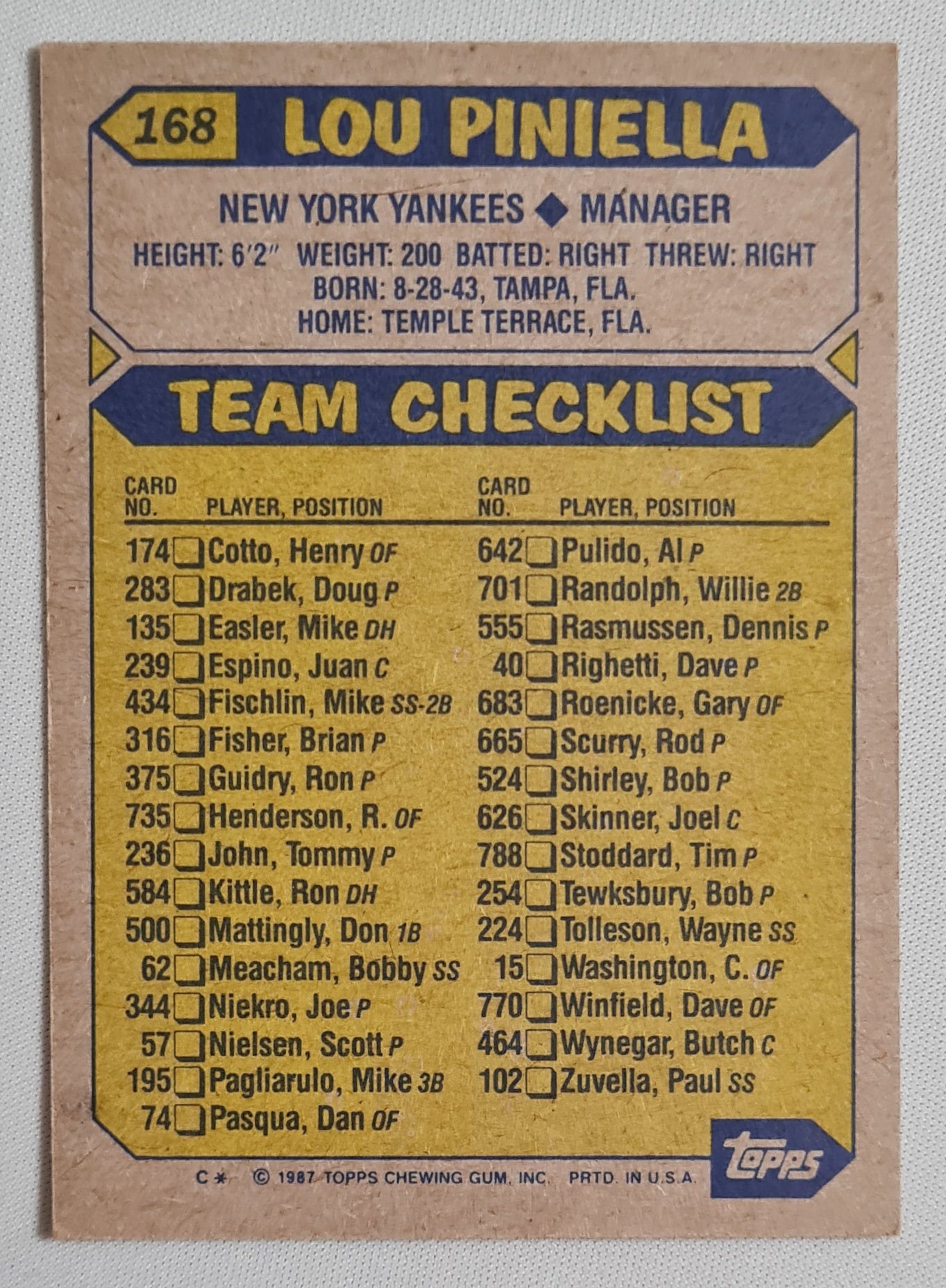 Lou Piniella - 1987 Topps "Chewing Gum" Card Baseball New York Yankees #168