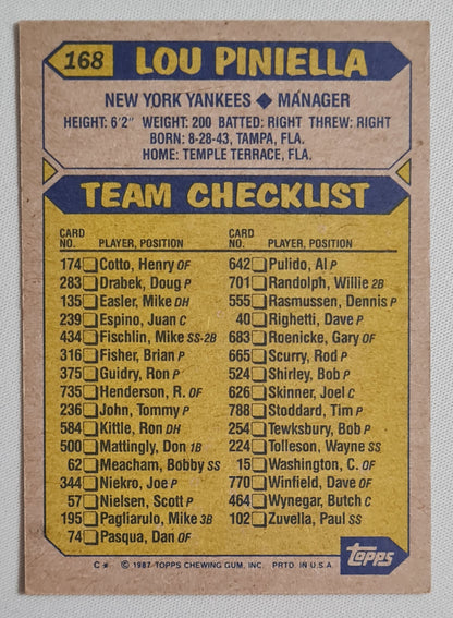 Lou Piniella - 1987 Topps "Chewing Gum" Card Baseball New York Yankees #168