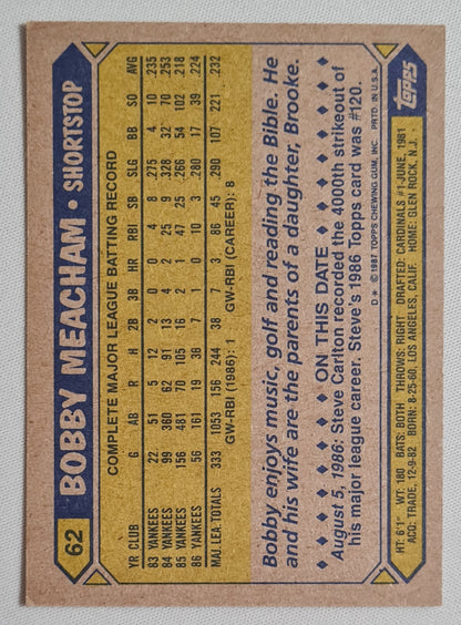 Bobby Meacham - 1987 Topps "Chewing Gum" Card Baseball New York Yankees #62