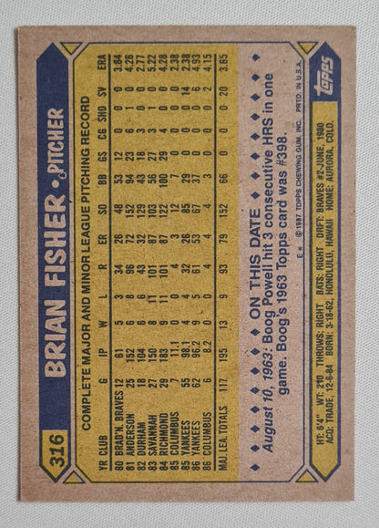 Brian Fisher - 1987 Topps "Chewing Gum" Card Baseball New York Yankees #316