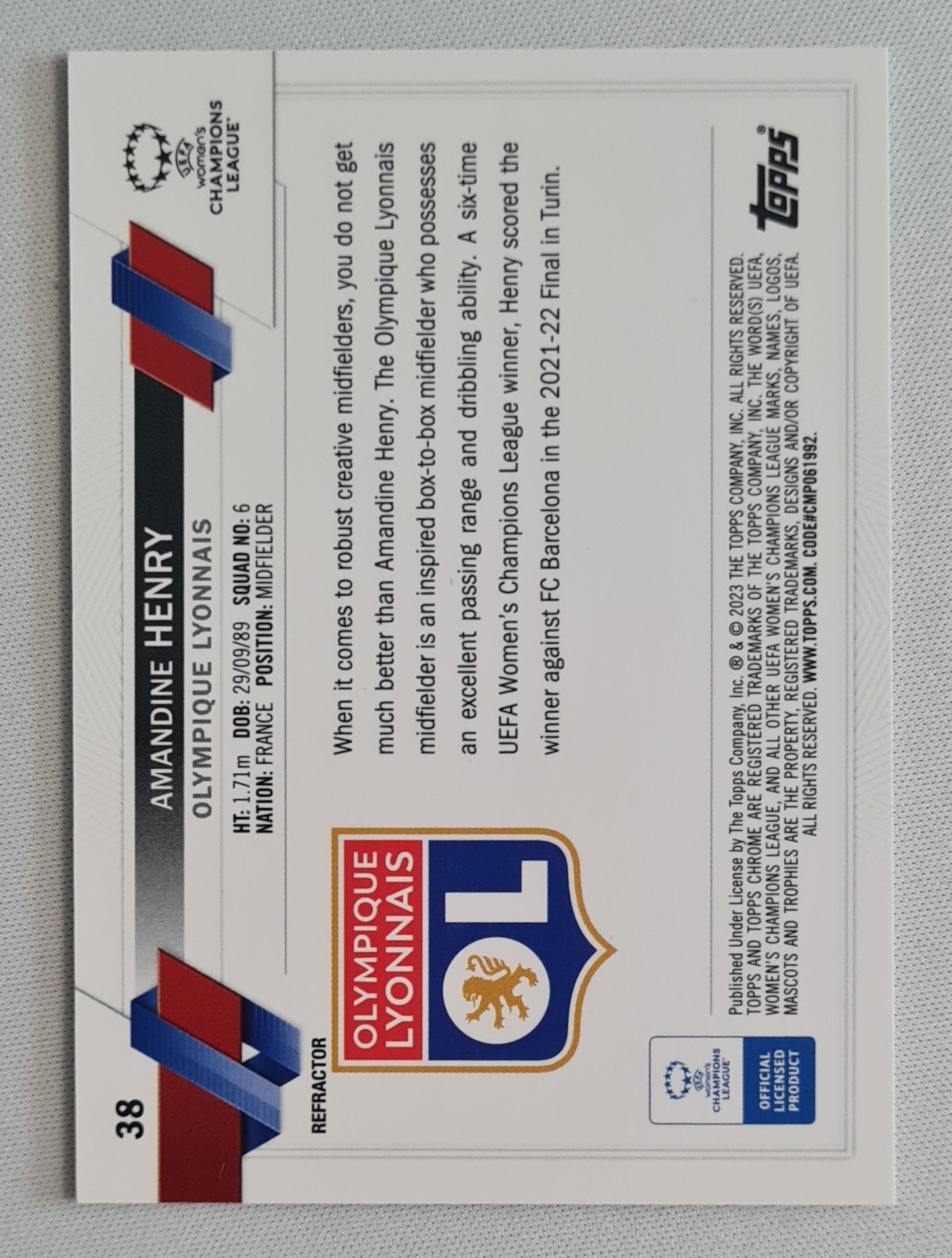 Amandine Henry - 2023 Topps Chrome Champions League (RC) #38