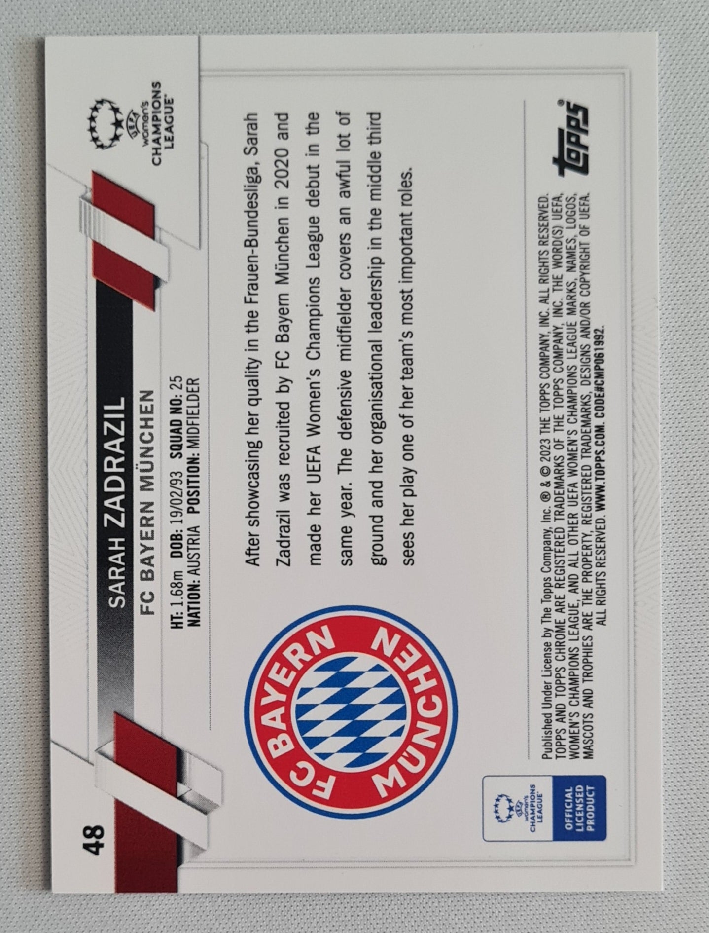 Sarah Zadrazil - 2023 Topps Chrome Champions League #48