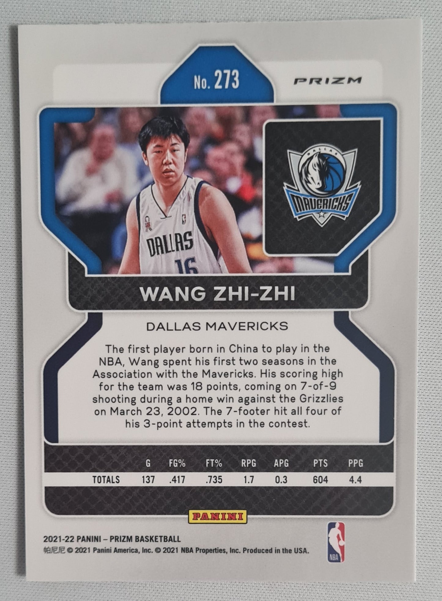 Wang Zhi-Zhi - 2021/22 Panini Prizm Basketball NBA Dallas Mavericks #273 Silver Cracked Ice