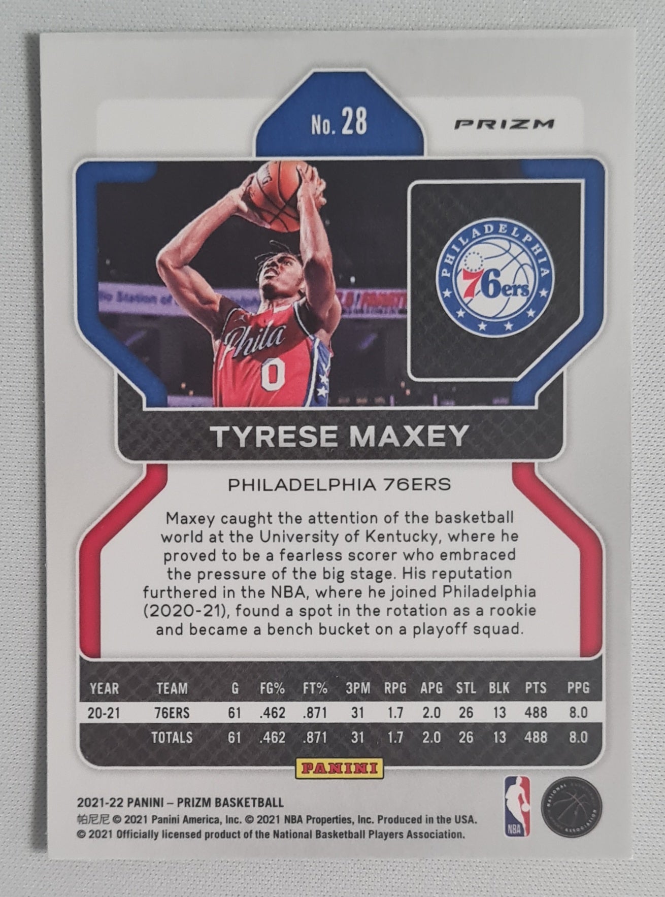 Tyrese Maxey - 2021/22 Panini Prizm Basketball NBA Philadelphia 76-ers #28 Silver Cracked Ice