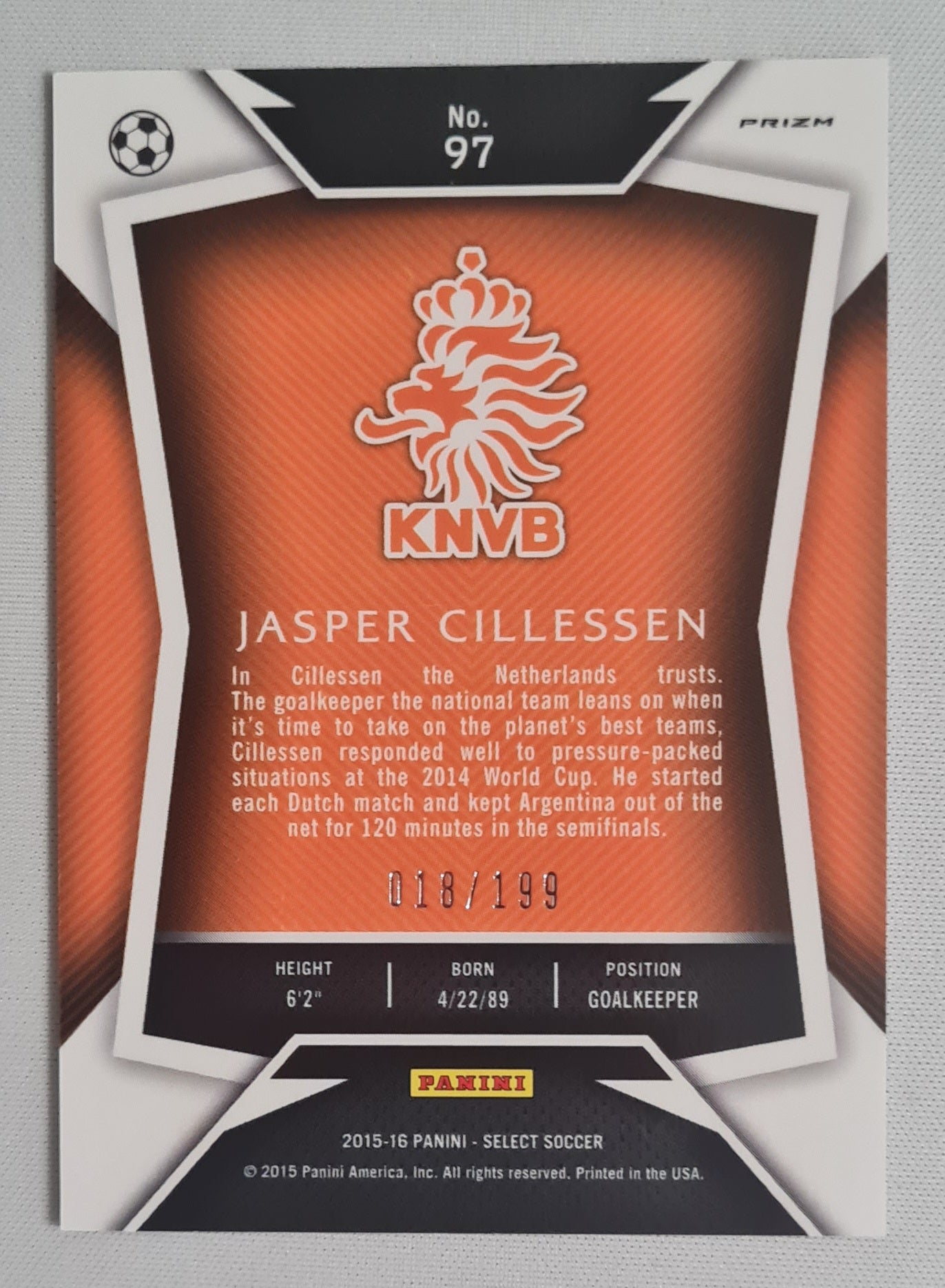 Jasper Cillessen - 2015/16 Panini Select Soccer Prizm Dutch National Team KNVB #97 /199
