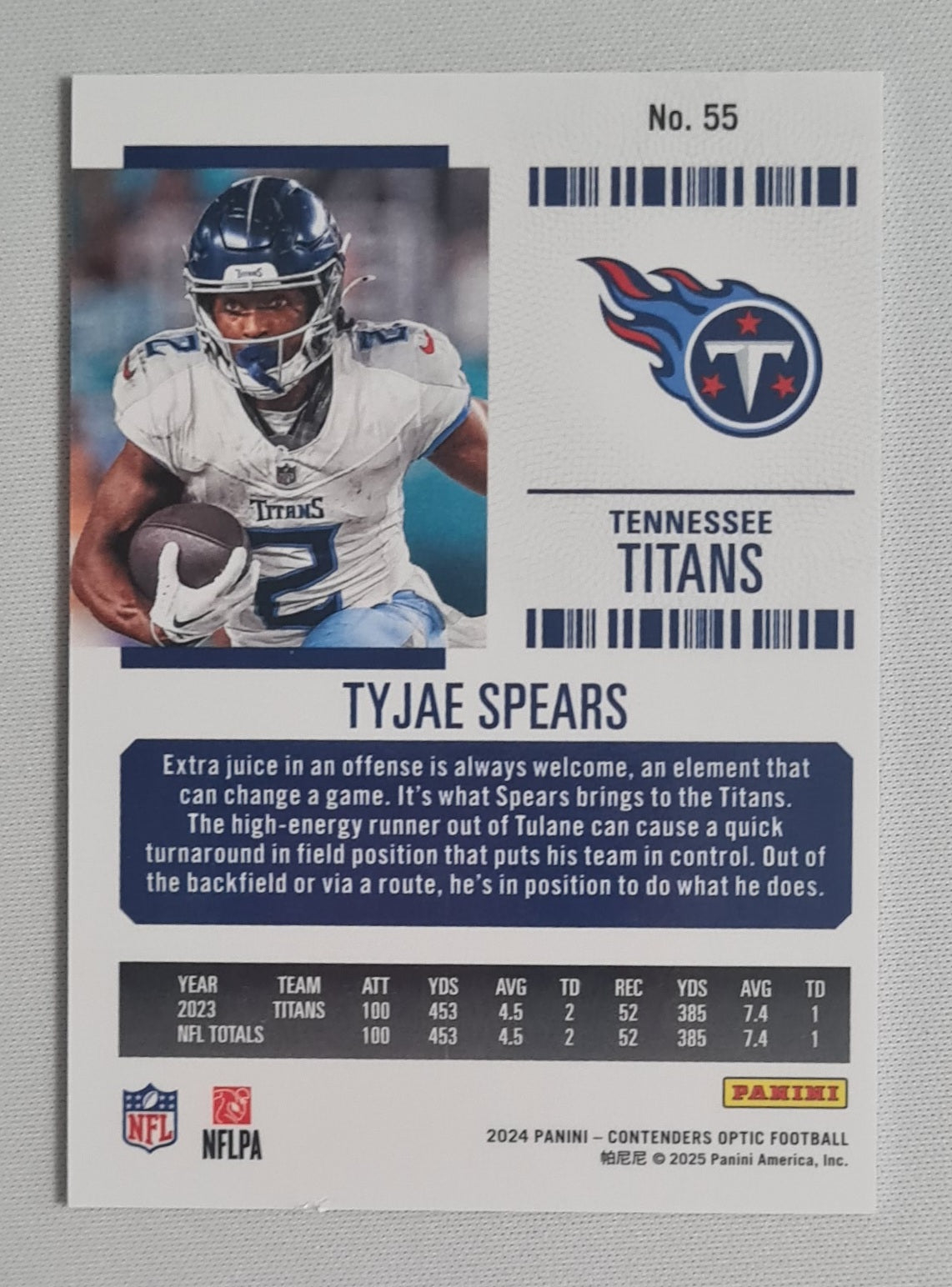 Tyjae Spears - 2024 Panini Contenders Optic Football NFL Season Ticket Tennessee Titans #55