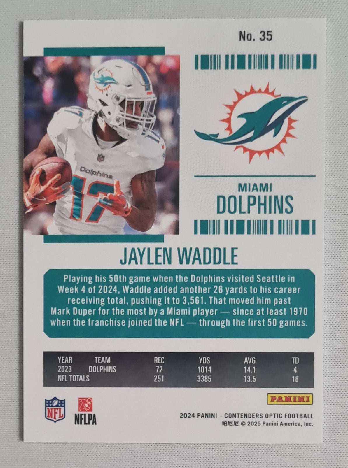 Jaylen Waddle - 2024 Panini Contenders Optic Football NFL Season Ticket Miami Dolphins #35