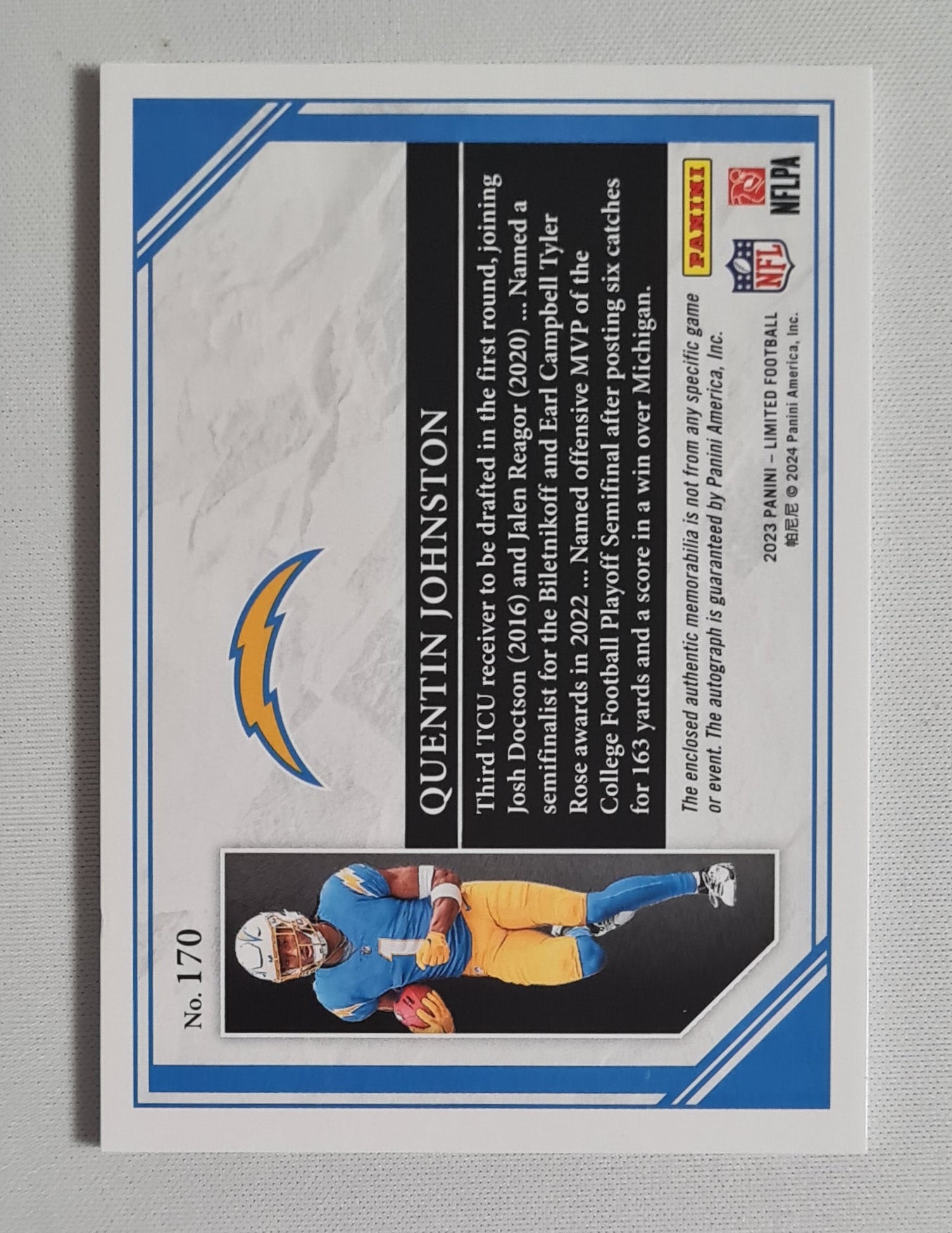 Quentin Johnston - 2023 Panini Limited Football NFL Chargers #170 / Patch + Auto /49