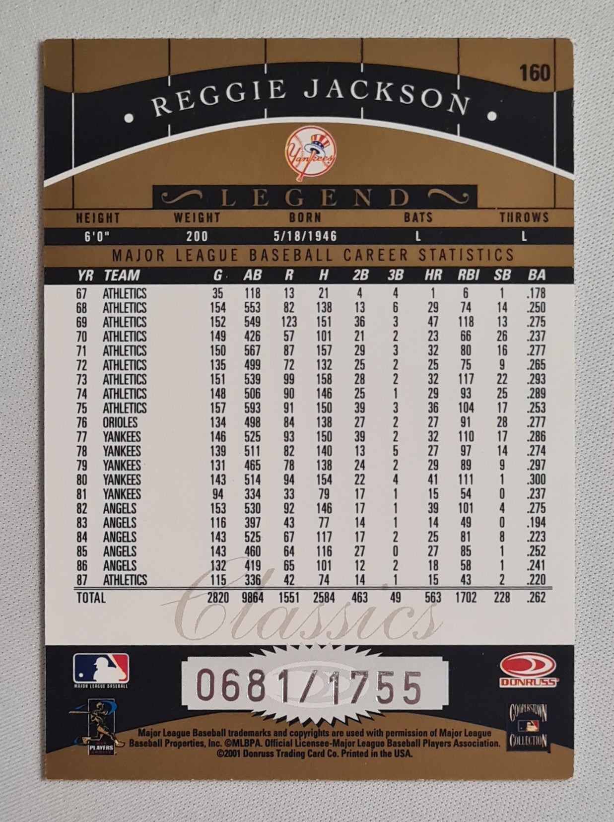 Reggie Jackson - 2001 Donruss Trading Card MLB Classics Legend NY Yankees #160 /1755