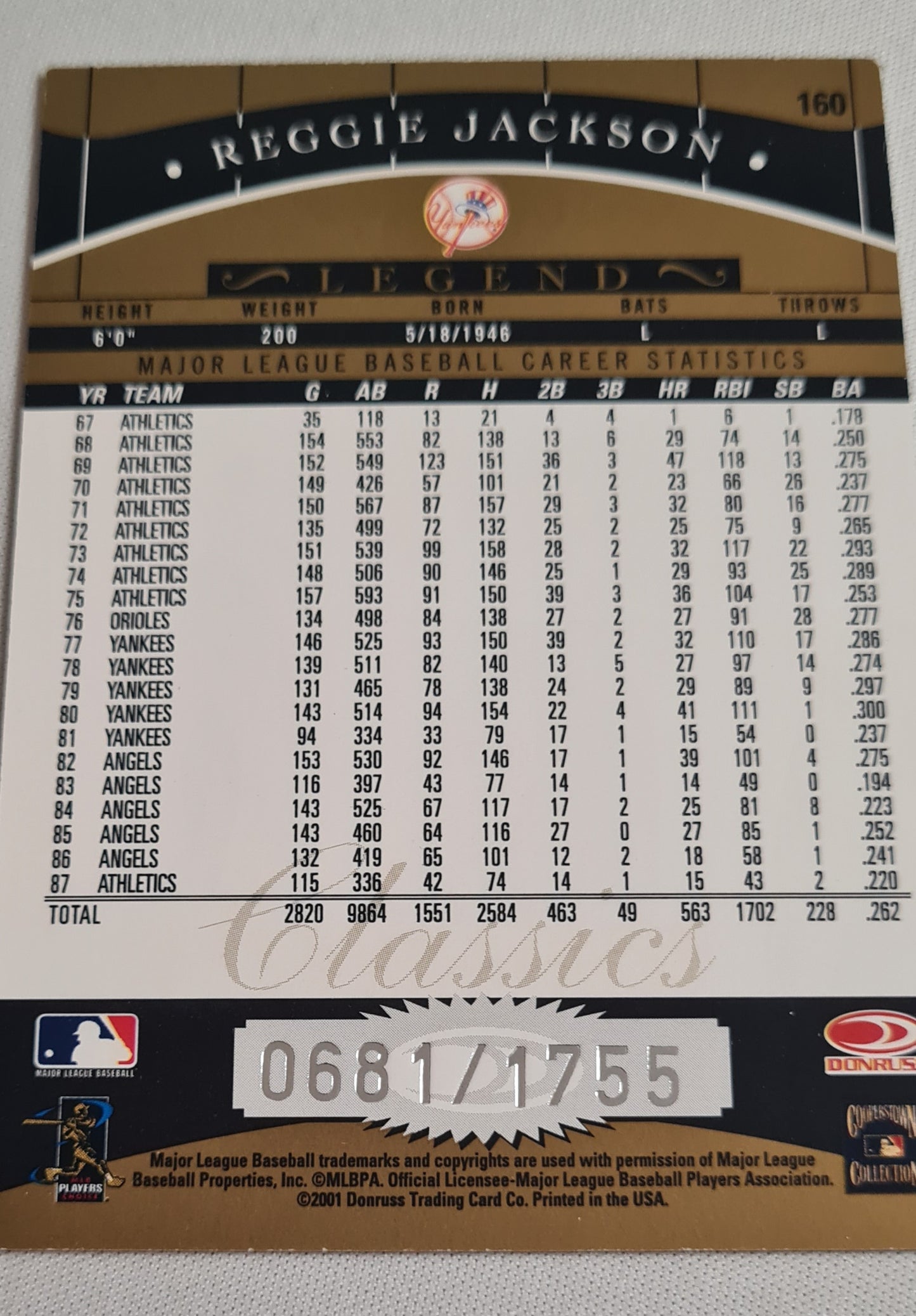 Reggie Jackson - 2001 Donruss Trading Card MLB Classics Legend NY Yankees #160 /1755