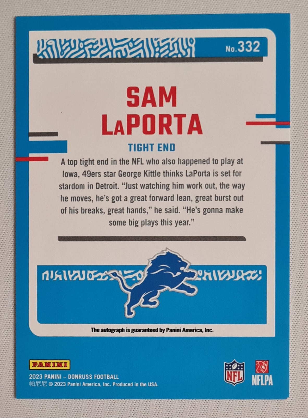 Sam LaPorta - 2023 Panini Donruss Football NFL Detroit Lions #332 / Autograph