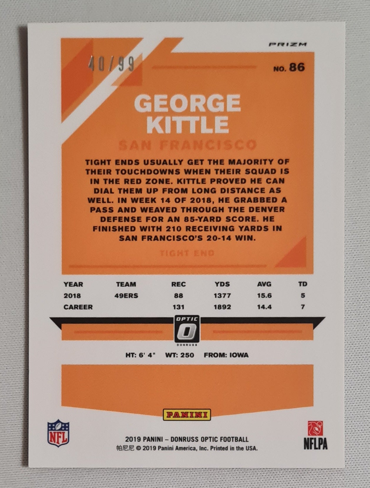 George Kittle - 2019 Panini Donruss Optic Football NFL 49ers San Francisco #86 Prizm /99