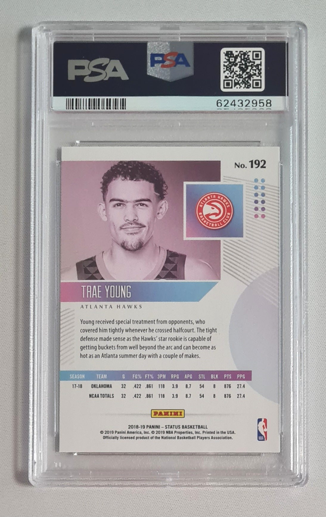 Trae Young - 2018 Panini Status Basketball NBA Atlanta Hawks (RC) #192 PSA 9 MINT