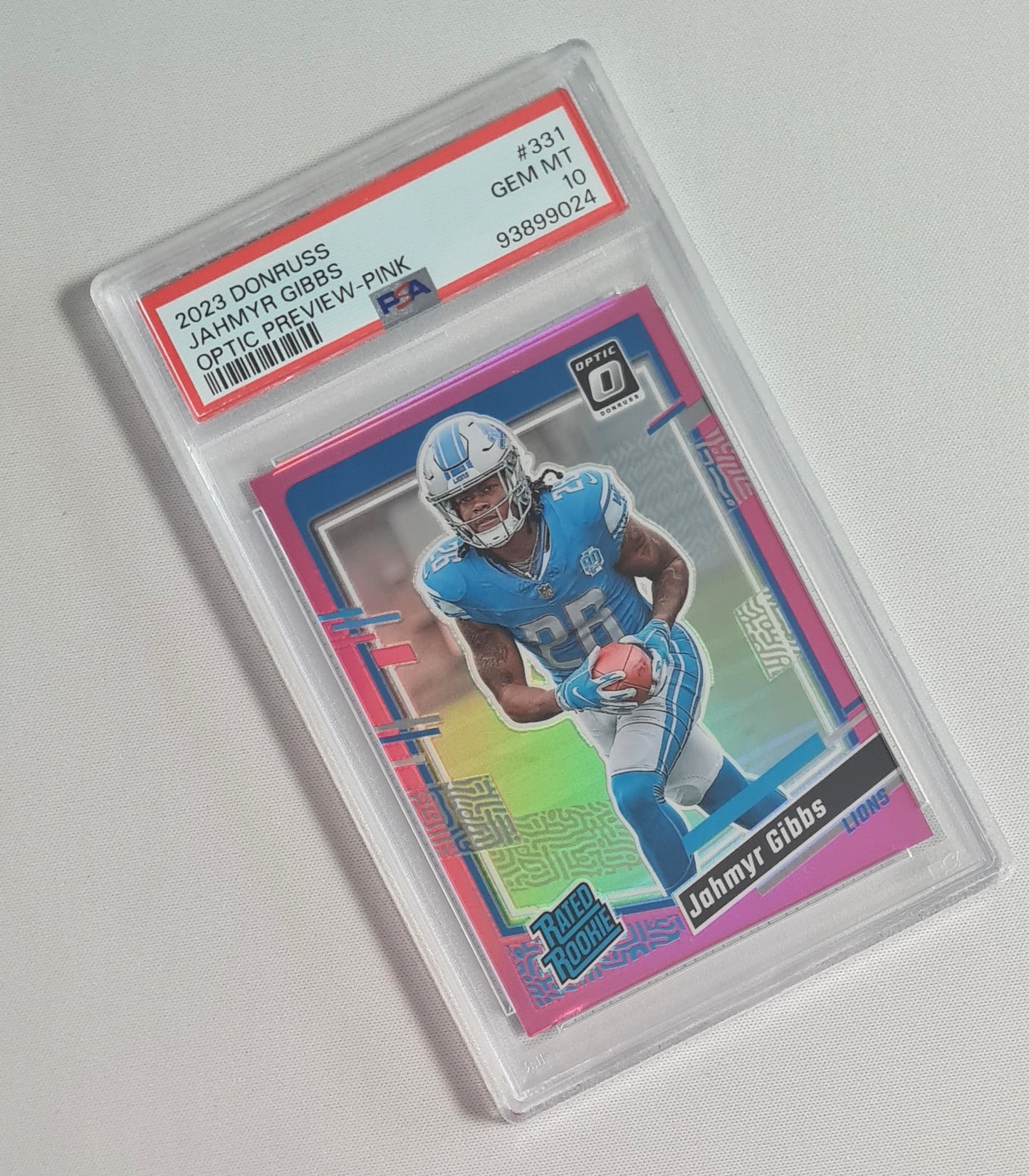Jahmyr Gibbs - 2023 Panini Donruss Football NFL Detroit Lions Optic Preview-Pink Rated Rookie #331 PSA 10 GEM MINT