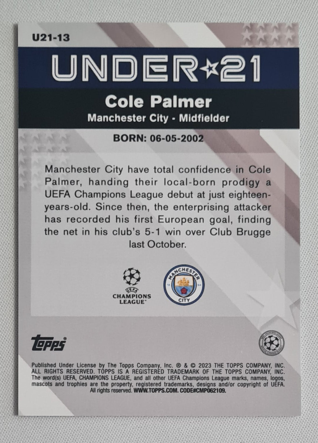 Cole Palmer - 2023 Topps Merlin EPL Manchester City Under 21 #U21-13