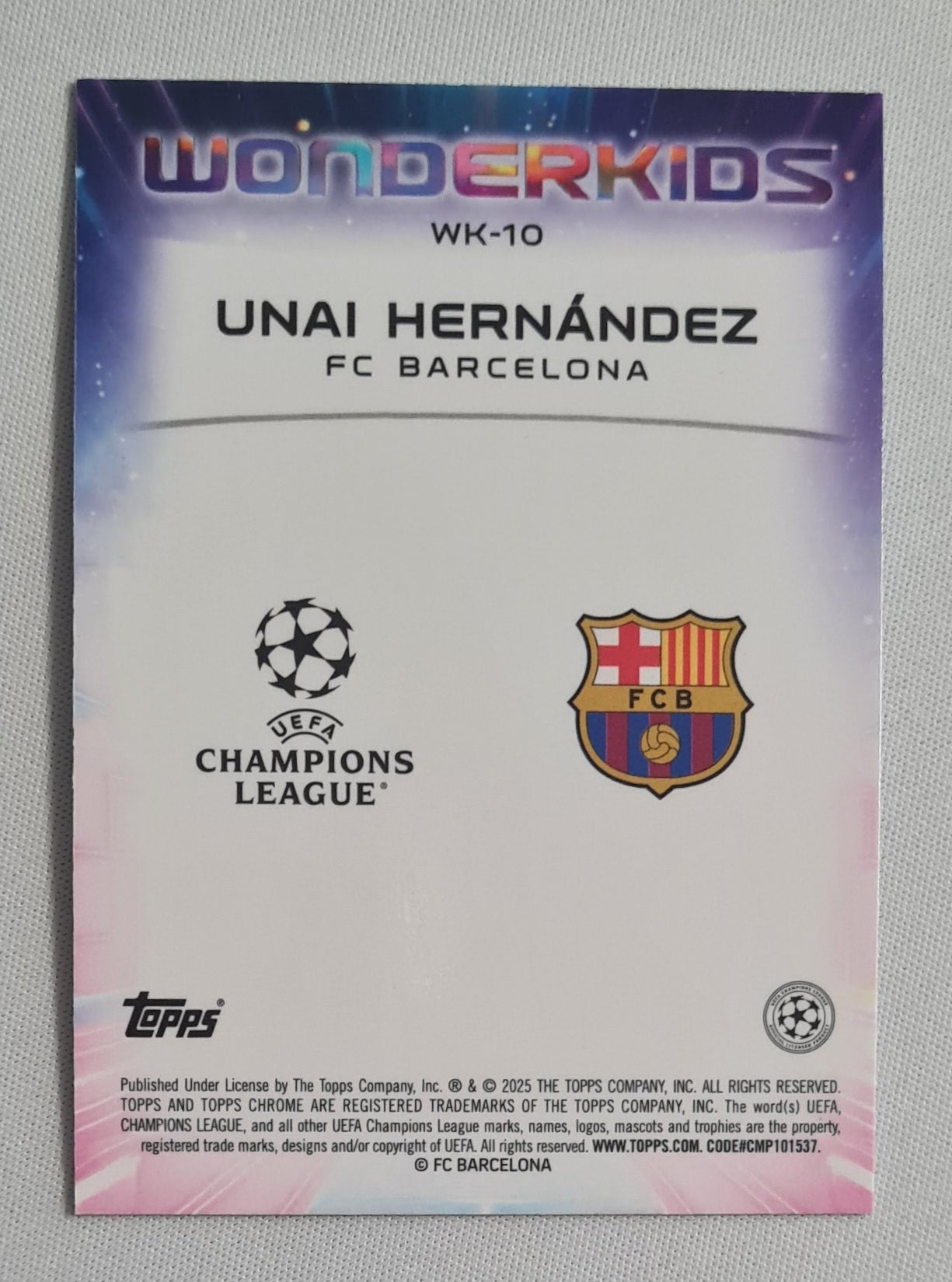 Unai Hernandez - 2025 Topps Chrome  Wonderkids (RC) FC Barcelona (CL) #WK-10