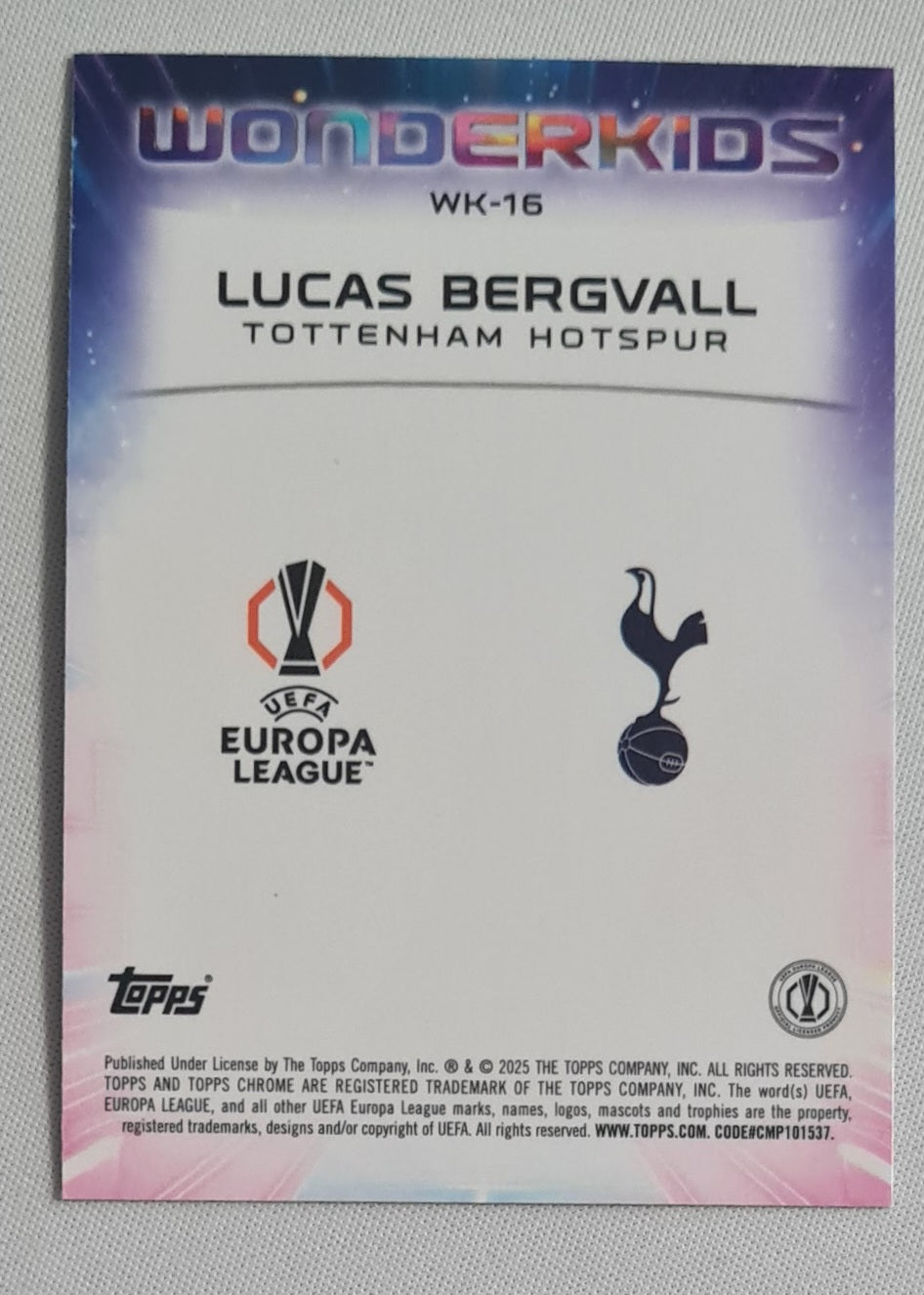 Lucas Bergvall - 2025 Topps Chrome  Wonderkids (RC) Tottenham Hotspurs (EL) #WK-16