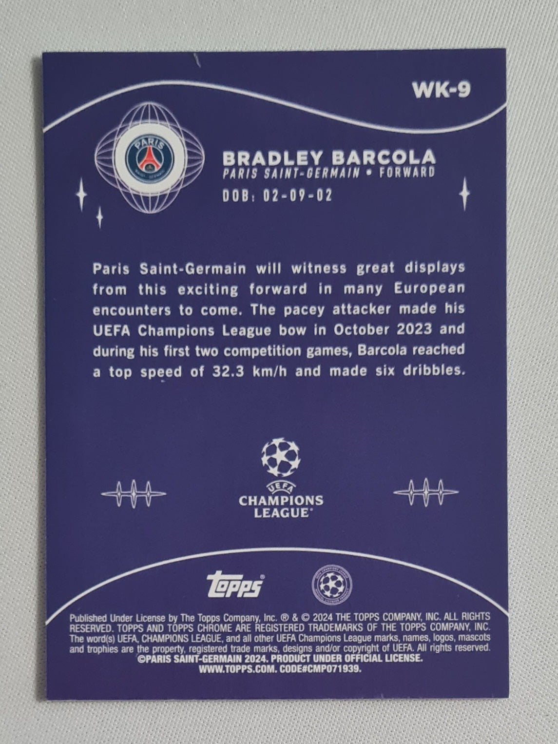 Bradley Barcola - 2024 Topps Chrome Wonderkids (RC) Paris PSG (CL) #WK-9