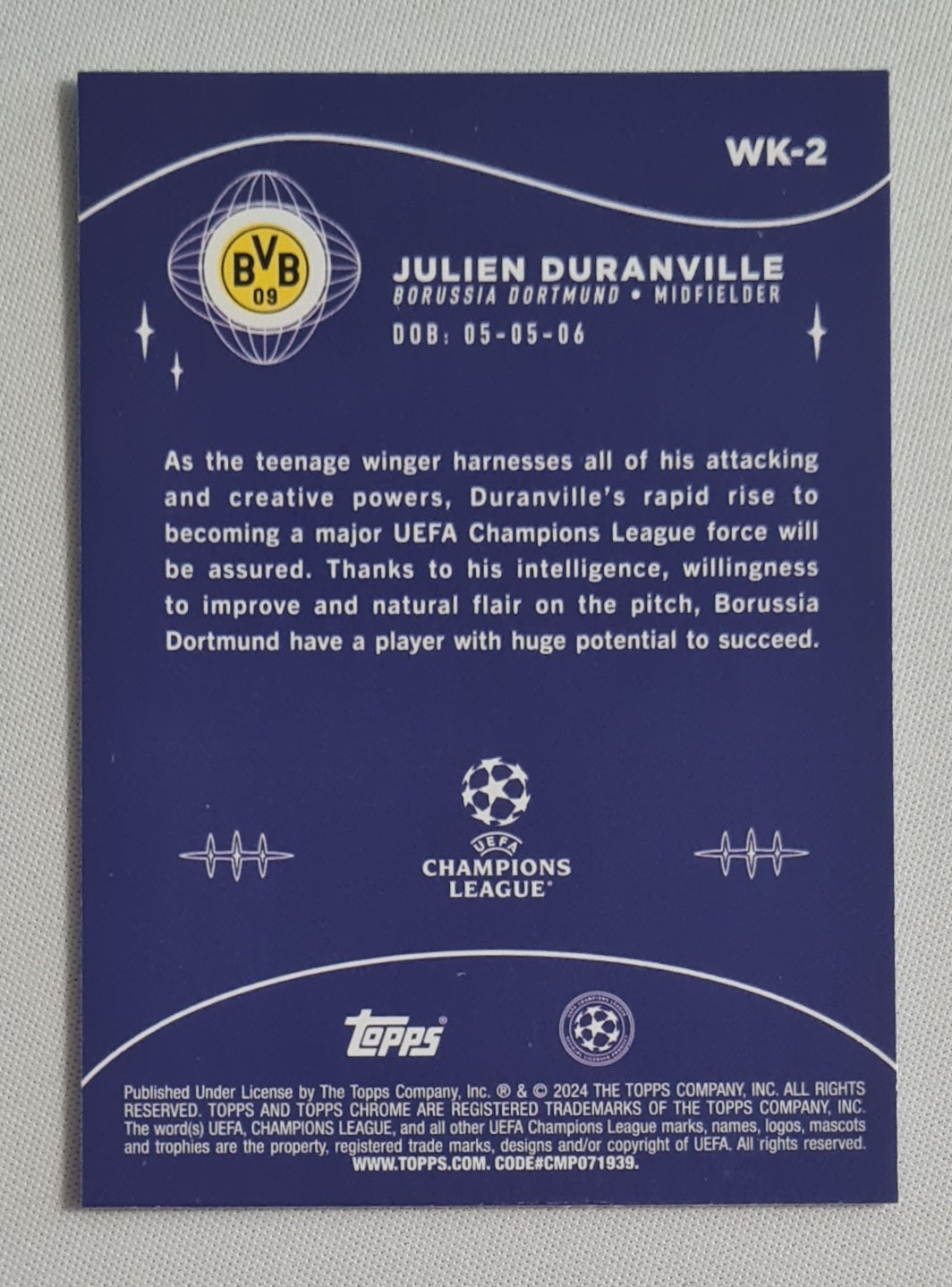 Julien Duranville - 2024 Topps Chrome Wonderkids (RC) Borussia Dortmund (CL) #WK-2