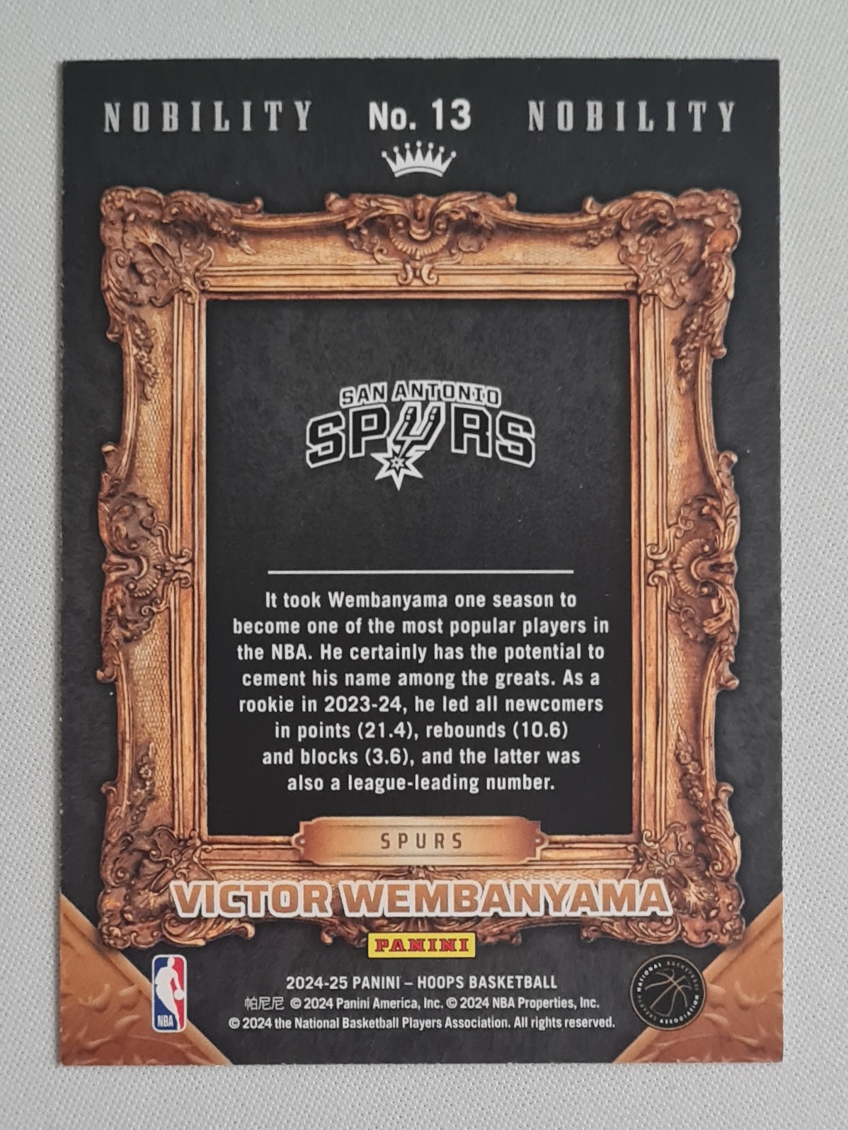 Victor Wembanyama - 2024/25 Panini Hoops Basketball NBA San Antonio Spurs - Nobility - #13